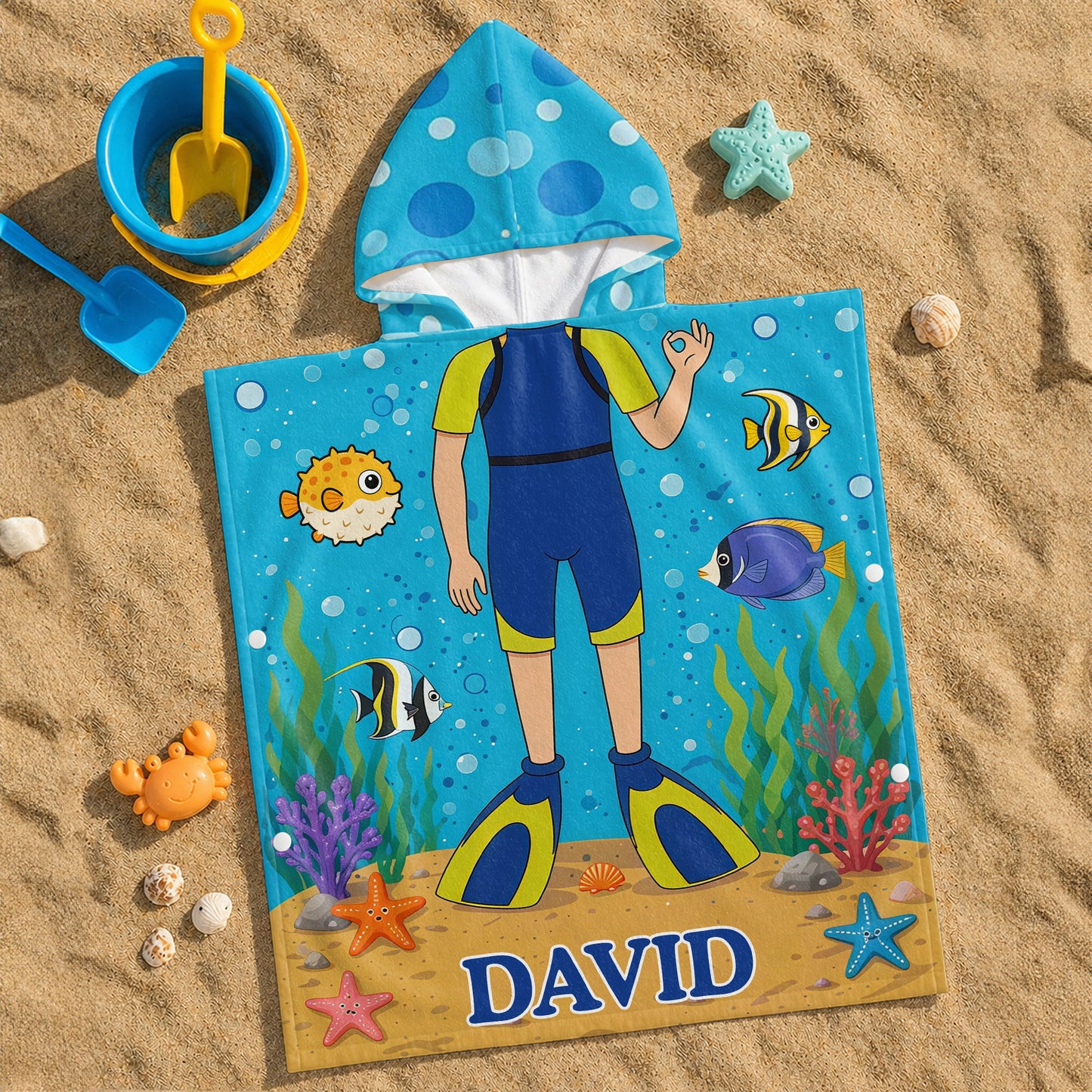 Exploring The Ocean World Scuba Diver With Colorful Sea Friends - Personalized Kids Hooded Beach Towel - KID698_HOTOKI