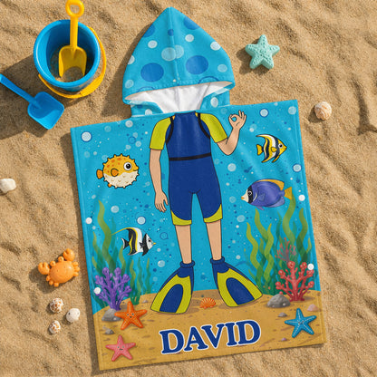 Exploring The Ocean World Scuba Diver With Colorful Sea Friends - Personalized Kids Hooded Beach Towel - KID698_HOTOKI