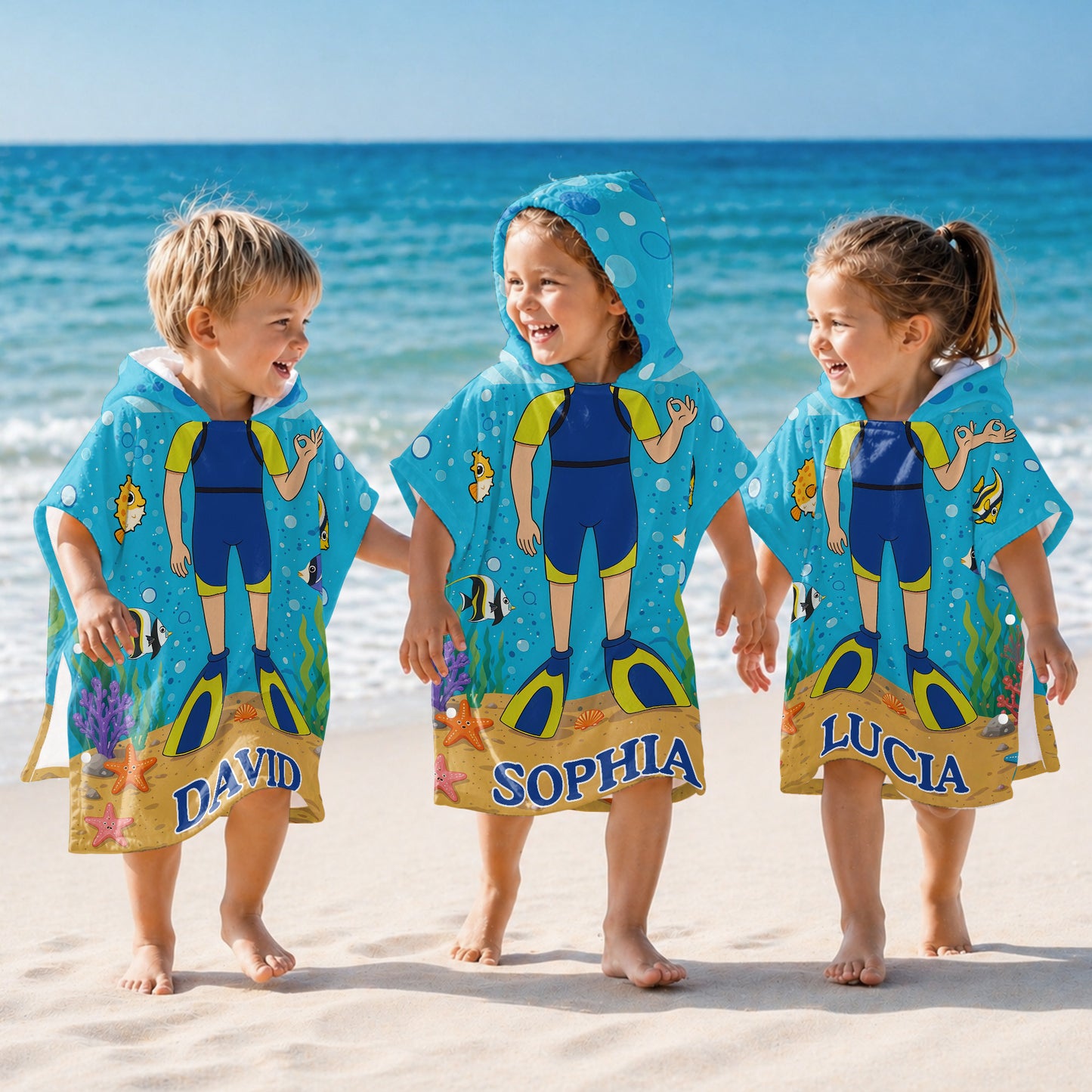 Exploring The Ocean World Scuba Diver With Colorful Sea Friends - Personalized Kids Hooded Beach Towel - KID698_HOTOKI