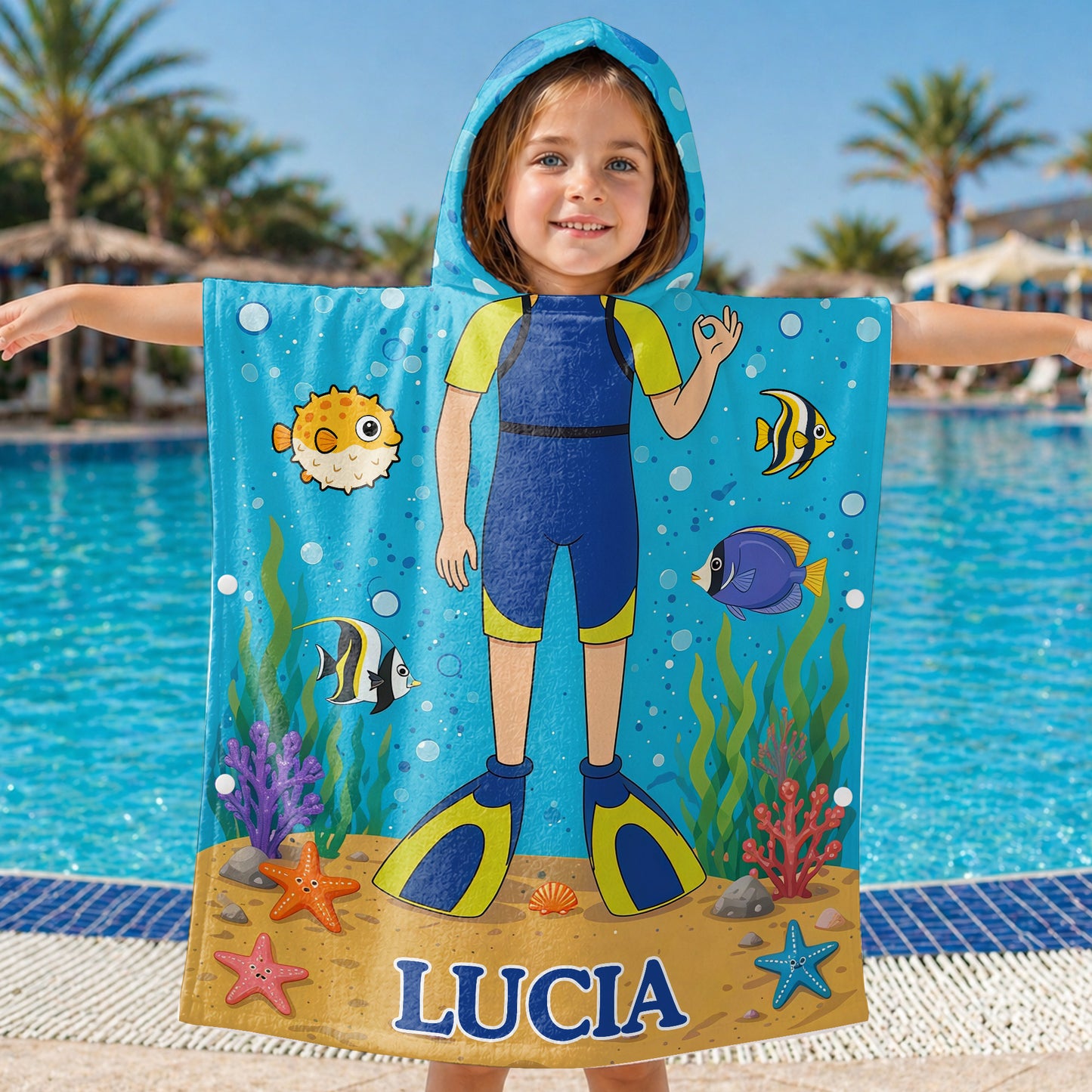 Exploring The Ocean World Scuba Diver With Colorful Sea Friends - Personalized Kids Hooded Beach Towel - KID698_HOTOKI