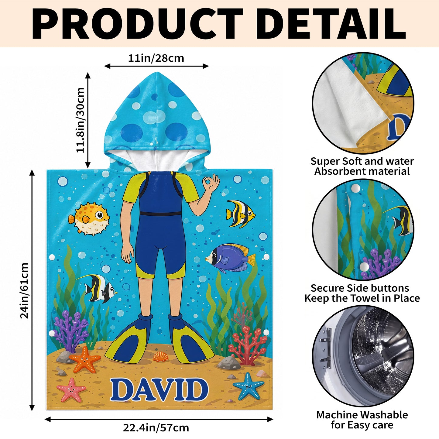 Exploring The Ocean World Scuba Diver With Colorful Sea Friends - Personalized Kids Hooded Beach Towel - KID698_HOTOKI