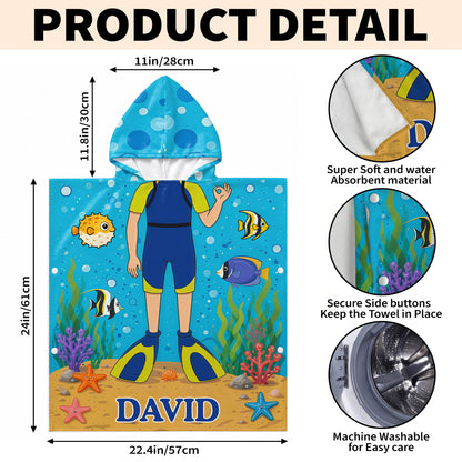 Exploring The Ocean World Scuba Diver With Colorful Sea Friends - Personalized Kids Hooded Beach Towel - KID698_HOTOKI