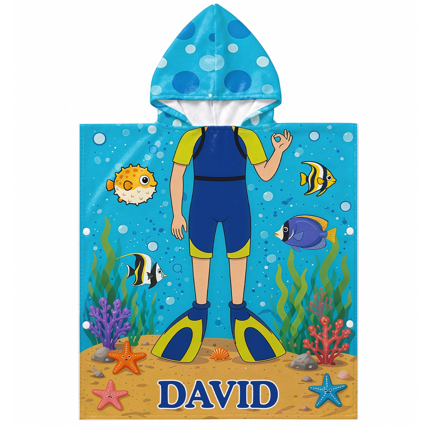Exploring The Ocean World Scuba Diver With Colorful Sea Friends - Personalized Kids Hooded Beach Towel - KID698_HOTOKI
