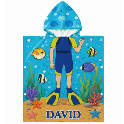 Exploring The Ocean World Scuba Diver With Colorful Sea Friends - Personalized Kids Hooded Beach Towel - KID698_HOTOKI