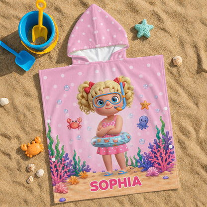 Little Girl Underwater Sea Friends Summer Fun Snorkel Mask And Crab - Personalized Kids Hooded Beach Towel - KID704_HOTOKI