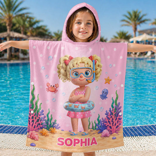 Little Girl Underwater Sea Friends Summer Fun Snorkel Mask And Crab - Personalized Kids Hooded Beach Towel - KID704_HOTOKI