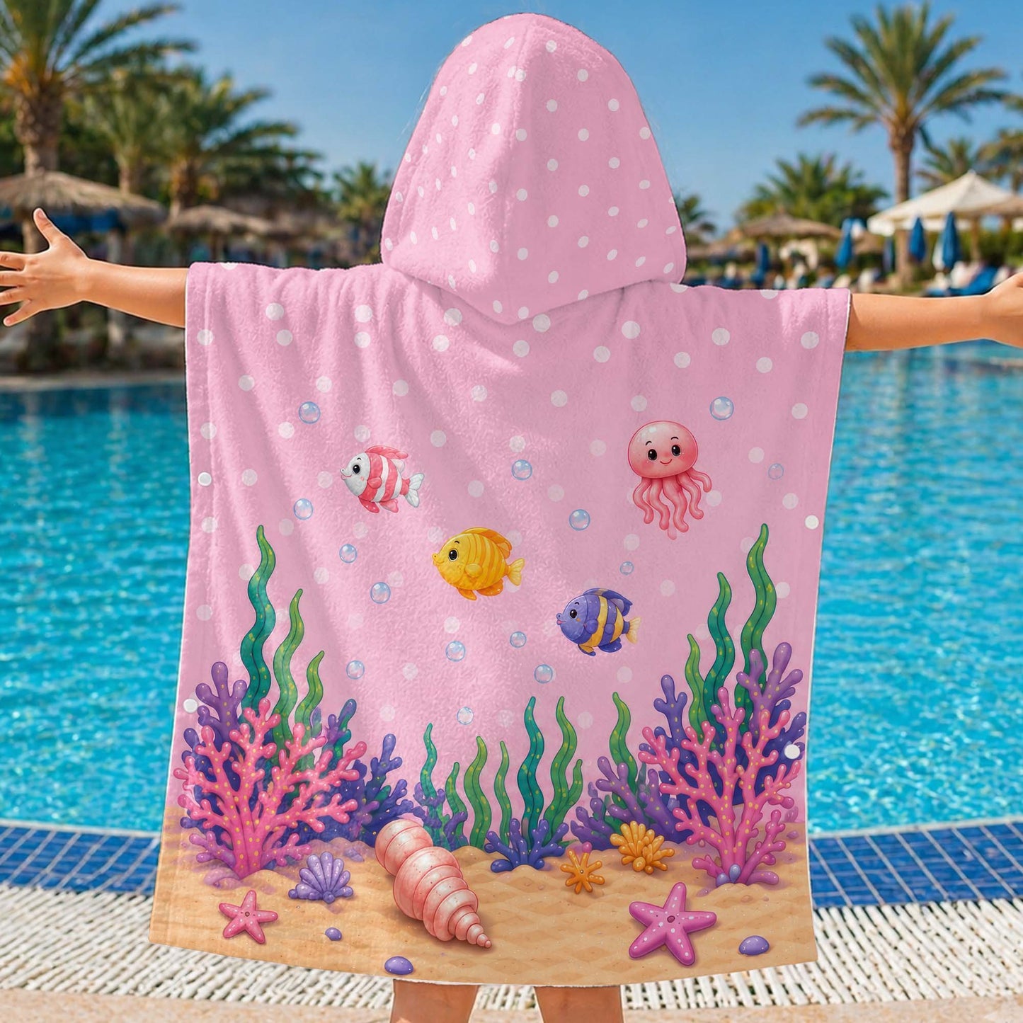 Little Girl Underwater Sea Friends Summer Fun Snorkel Mask And Crab - Personalized Kids Hooded Beach Towel - KID704_HOTOKI