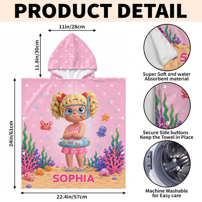 Little Girl Underwater Sea Friends Summer Fun Snorkel Mask And Crab - Personalized Kids Hooded Beach Towel - KID704_HOTOKI
