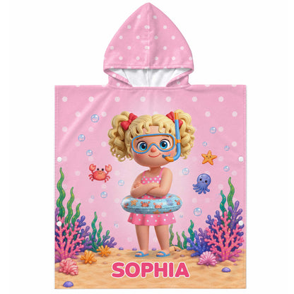 Little Girl Underwater Sea Friends Summer Fun Snorkel Mask And Crab - Personalized Kids Hooded Beach Towel - KID704_HOTOKI
