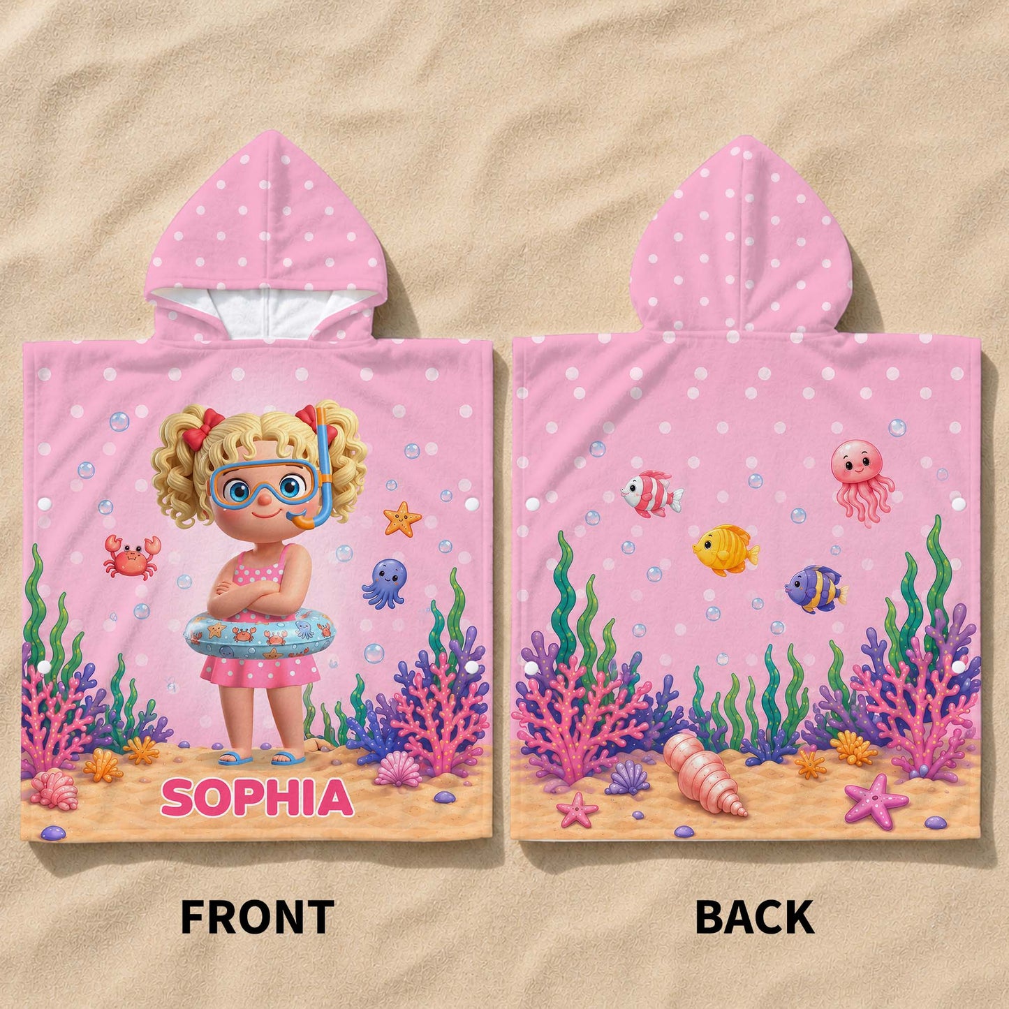 Little Girl Underwater Sea Friends Summer Fun Snorkel Mask And Crab - Personalized Kids Hooded Beach Towel - KID704_HOTOKI