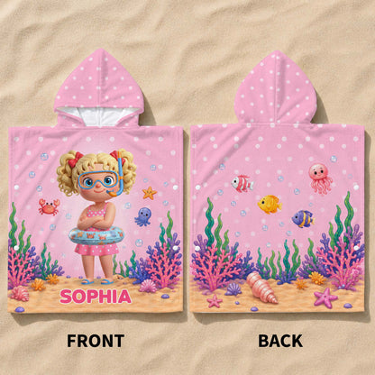 Little Girl Underwater Sea Friends Summer Fun Snorkel Mask And Crab - Personalized Kids Hooded Beach Towel - KID704_HOTOKI