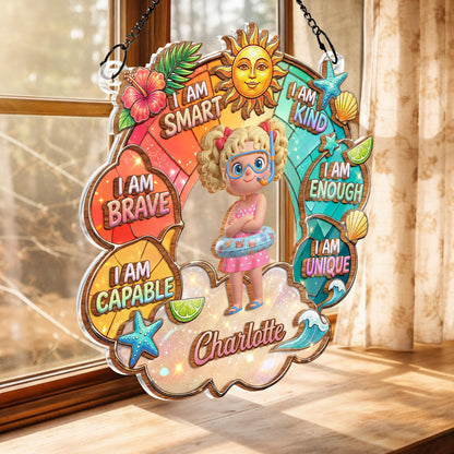 I Am Smart Kind Brave Affirmations Rainbow Sun Beach Art - Personalized Custom Suncatcher - KID705_CSUN