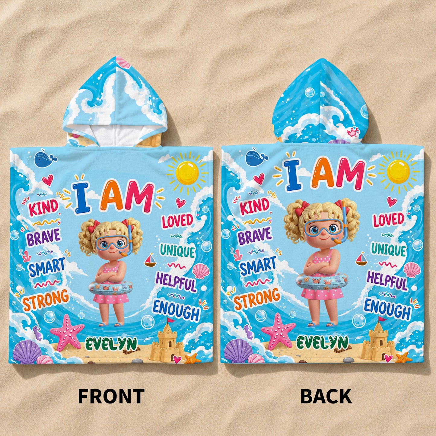 I AM KIND BRAVE SMART STRONG LOVED UNIQUE HELPFUL ENOUGH Little Girl Sea Creatures - Personalized Kids Hooded Beach Towel - KID712_HOTOKI