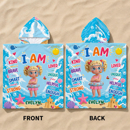 I AM KIND BRAVE SMART STRONG LOVED UNIQUE HELPFUL ENOUGH Little Girl Sea Creatures - Personalized Kids Hooded Beach Towel - KID712_HOTOKI