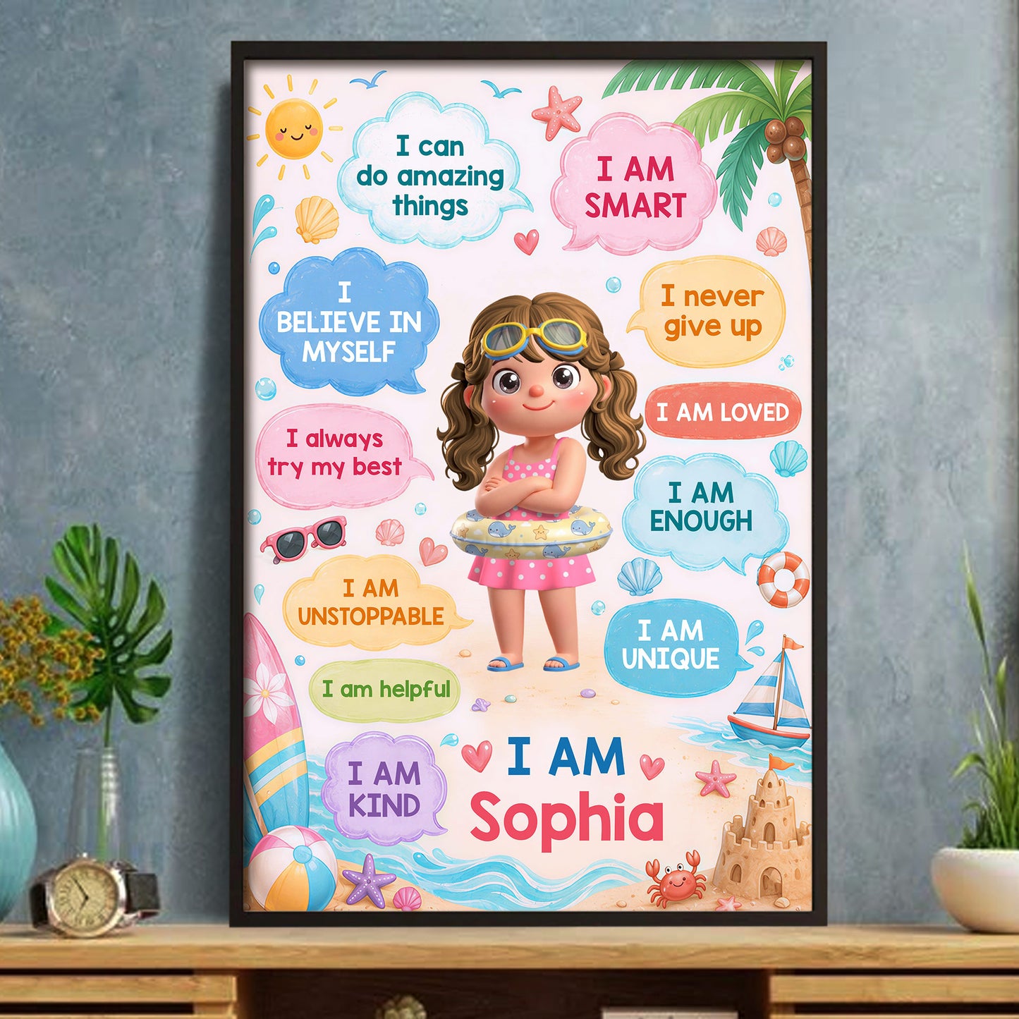 Kid Affirmations Summer Beach Design - Personalized Custom Vertical Poster - KID714_VPOS