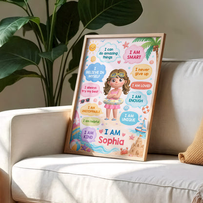 Kid Affirmations Summer Beach Design - Personalized Custom Vertical Poster - KID714_VPOS