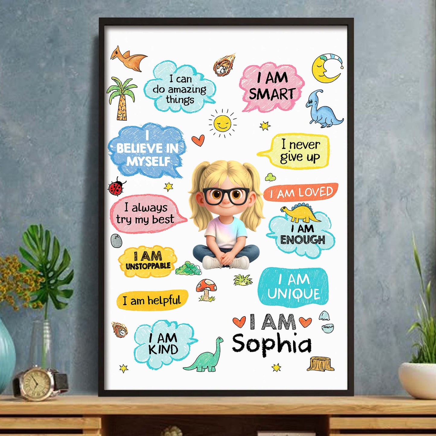 I Can Do Amazing Things Personalized Kid Affirmations With Dinosaurs - Personalized Custom Vertical Poster - KID787_VPOS