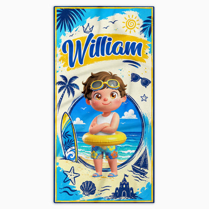 Sun Sand And Surf Making Waves At The Beach With Boy And Surfboard - Personalized Beach Towel - KID838_BETO