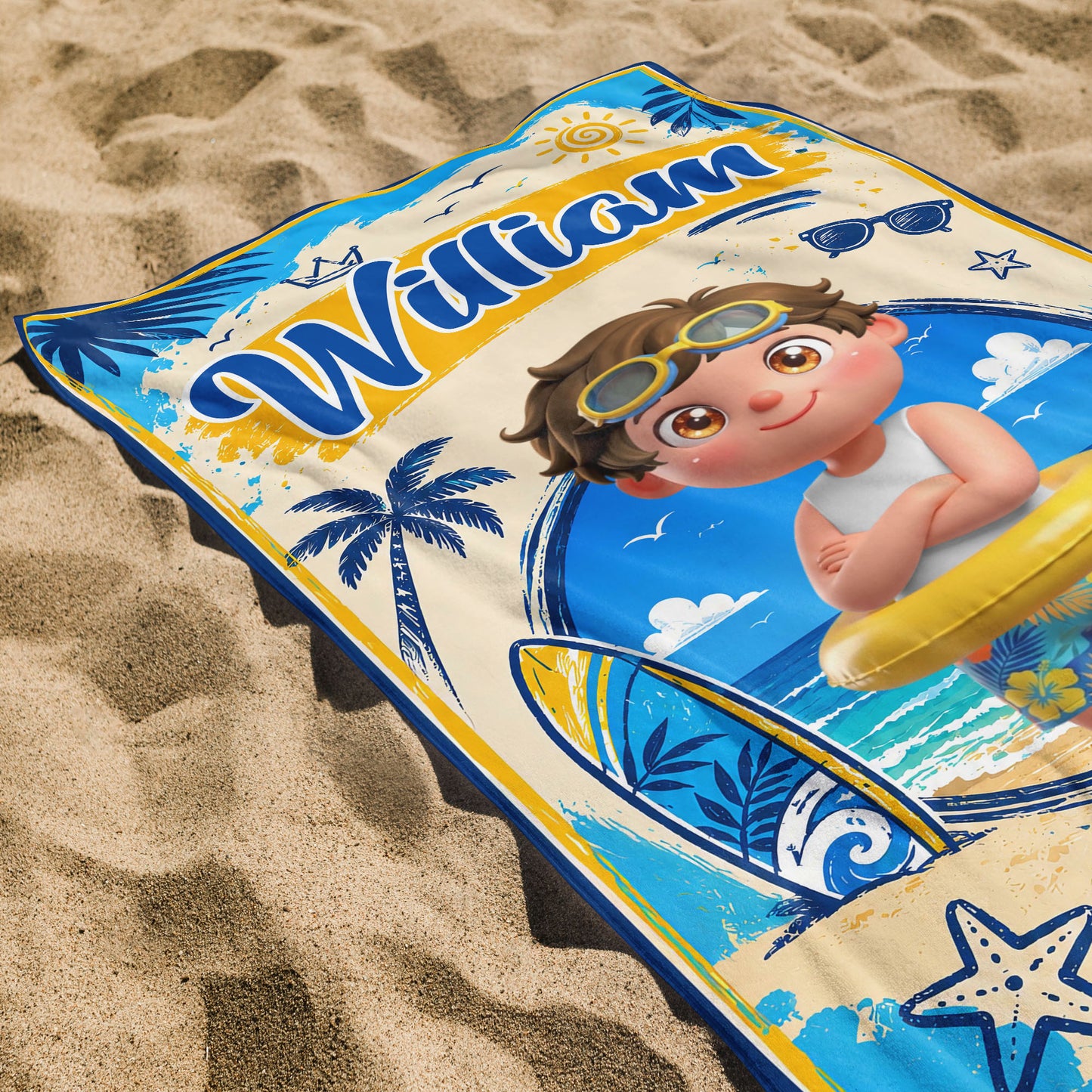 Sun Sand And Surf Making Waves At The Beach With Boy And Surfboard - Personalized Beach Towel - KID838_BETO