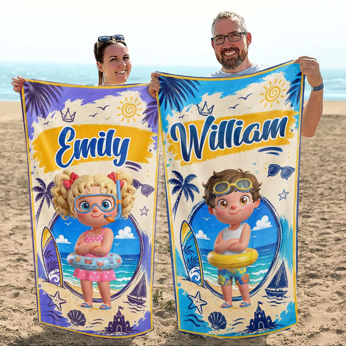 Sun Sand And Surf Making Waves At The Beach With Boy And Surfboard - Personalized Beach Towel - KID838_BETO