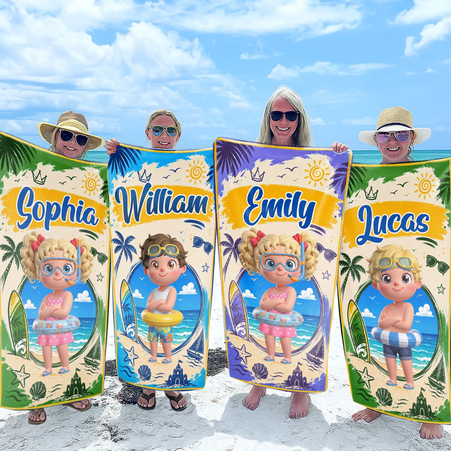 Sun Sand And Surf Making Waves At The Beach With Boy And Surfboard - Personalized Beach Towel - KID838_BETO