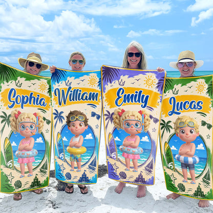 Sun Sand And Surf Making Waves At The Beach With Boy And Surfboard - Personalized Beach Towel - KID838_BETO