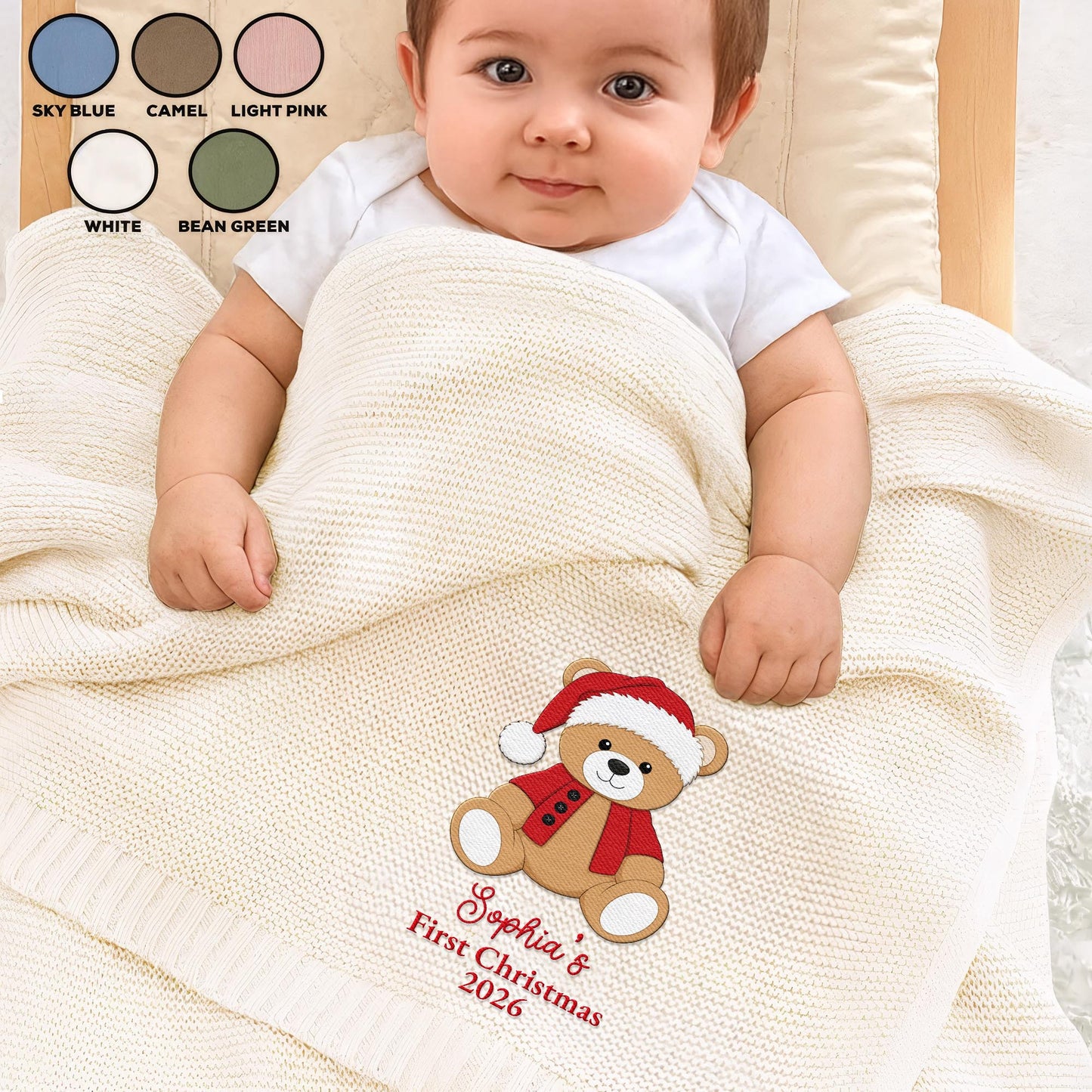 My First Christmas With Cute Teddy Bear Embroidery - Personalized Custom Embroidered Knitted Baby Blanket - KID840_EBALA