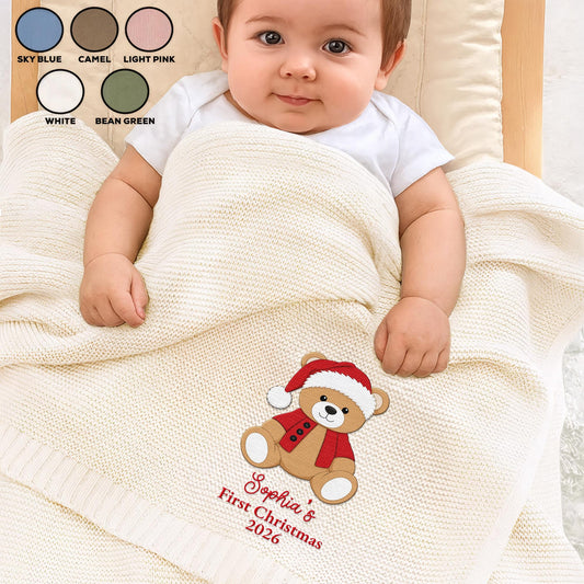 My First Christmas With Cute Teddy Bear Embroidery - Personalized Custom Embroidered Knitted Baby Blanket - KID840_EBALA