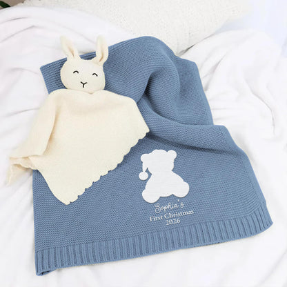 My First Christmas With Cute Teddy Bear Embroidery - Personalized Custom Embroidered Knitted Baby Blanket - KID840_EBALA