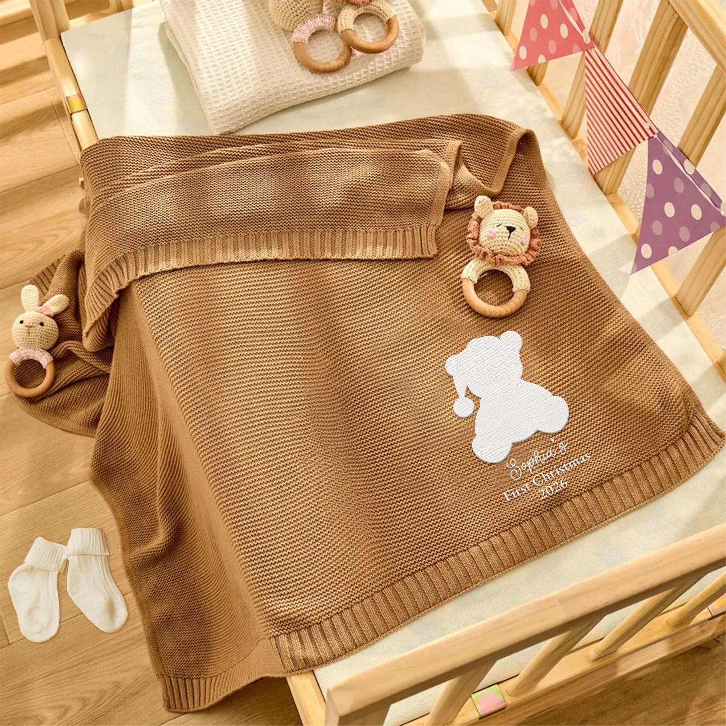 My First Christmas With Cute Teddy Bear Embroidery - Personalized Custom Embroidered Knitted Baby Blanket - KID840_EBALA