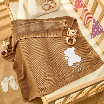 My First Christmas With Cute Teddy Bear Embroidery - Personalized Custom Embroidered Knitted Baby Blanket - KID840_EBALA