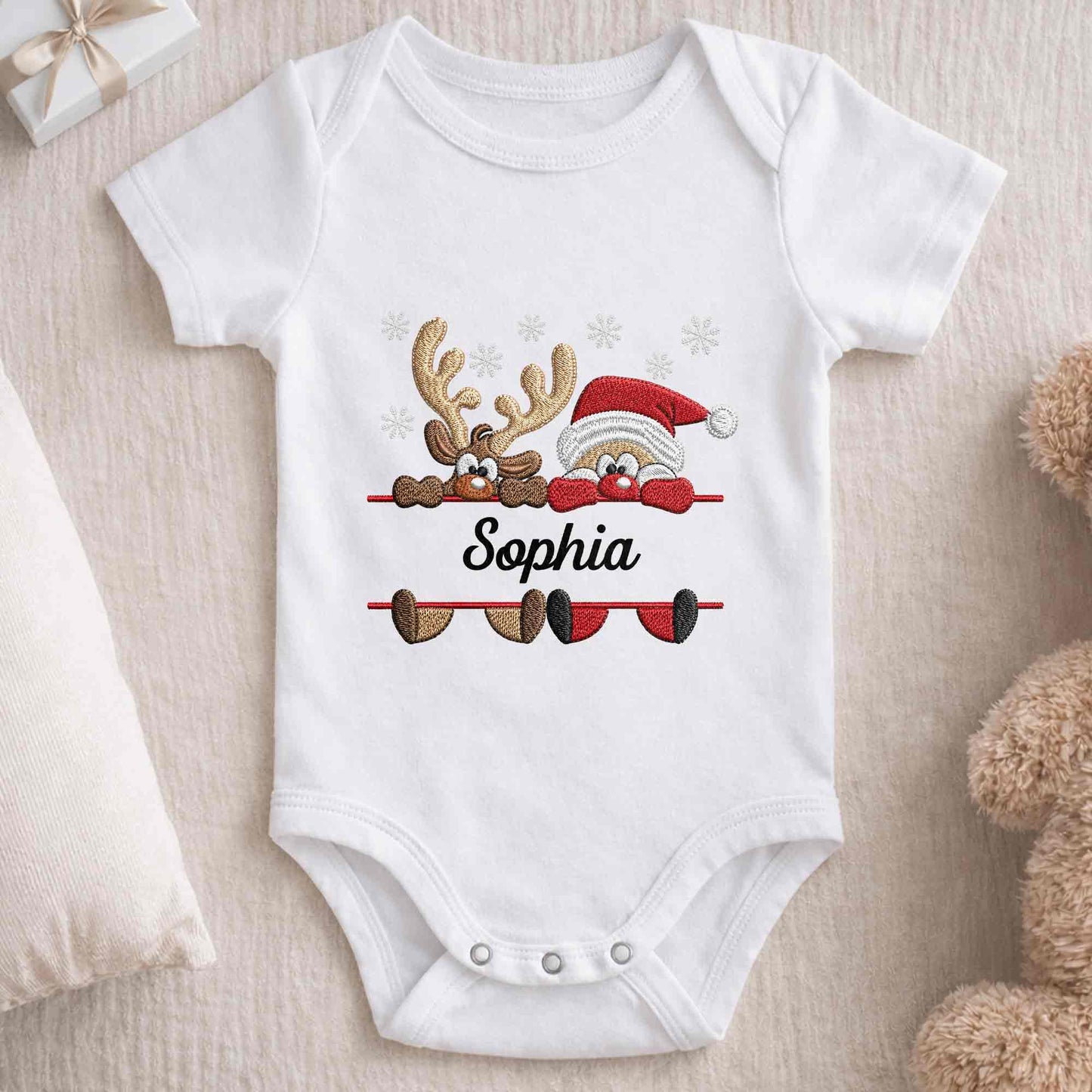 Baby's First Christmas With Santa And Reindeer Snowflakes - Personalized Custom Baby Onesie - KID843_ONES
