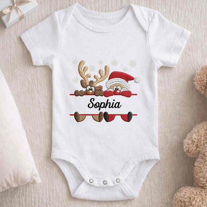 Baby's First Christmas With Santa And Reindeer Snowflakes - Personalized Custom Baby Onesie - KID843_ONES