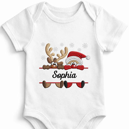Baby's First Christmas With Santa And Reindeer Snowflakes - Personalized Custom Baby Onesie - KID843_ONES