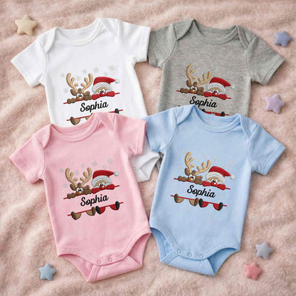 Baby's First Christmas With Santa And Reindeer Snowflakes - Personalized Custom Baby Onesie - KID843_ONES