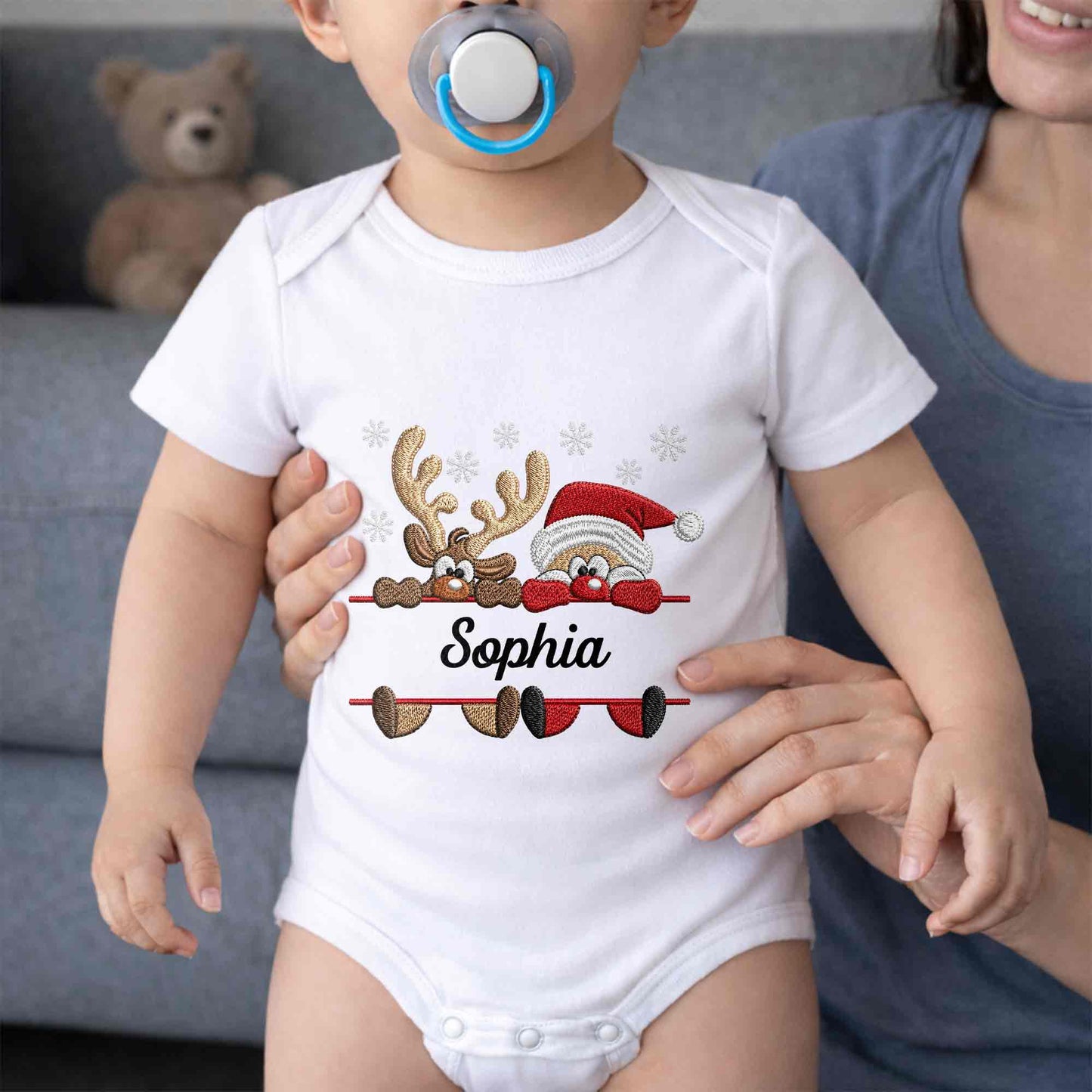Baby's First Christmas With Santa And Reindeer Snowflakes - Personalized Custom Baby Onesie - KID843_ONES