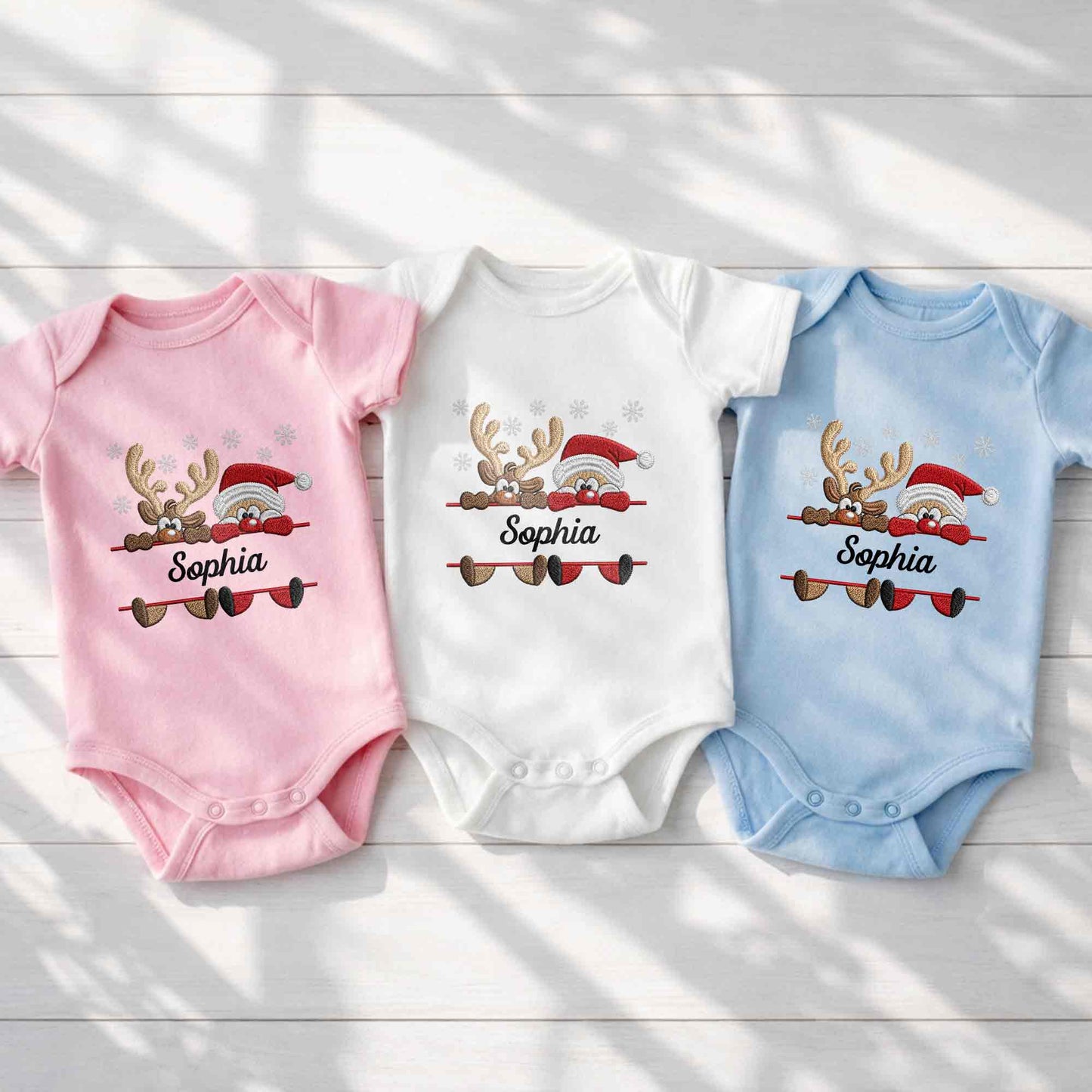 Baby's First Christmas With Santa And Reindeer Snowflakes - Personalized Custom Baby Onesie - KID843_ONES