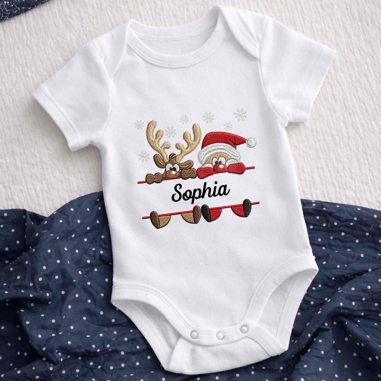 Baby's First Christmas With Santa And Reindeer Snowflakes - Personalized Custom Baby Onesie - KID843_ONES