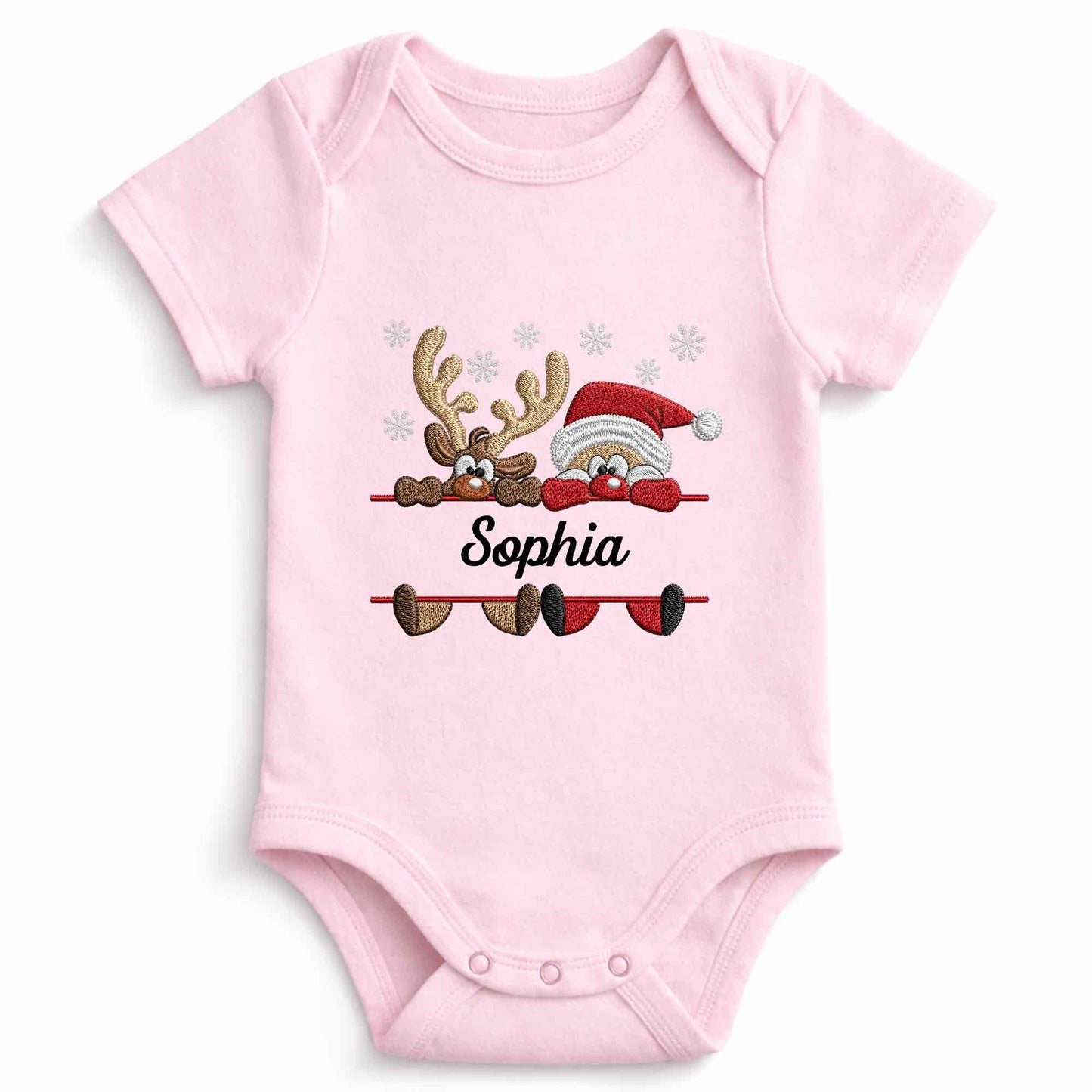 Baby's First Christmas With Santa And Reindeer Snowflakes - Personalized Custom Baby Onesie - KID843_ONES