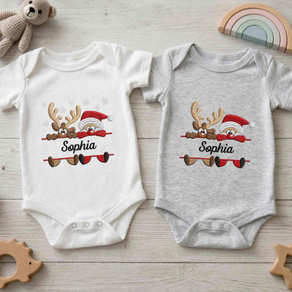 Baby's First Christmas With Santa And Reindeer Snowflakes - Personalized Custom Baby Onesie - KID843_ONES