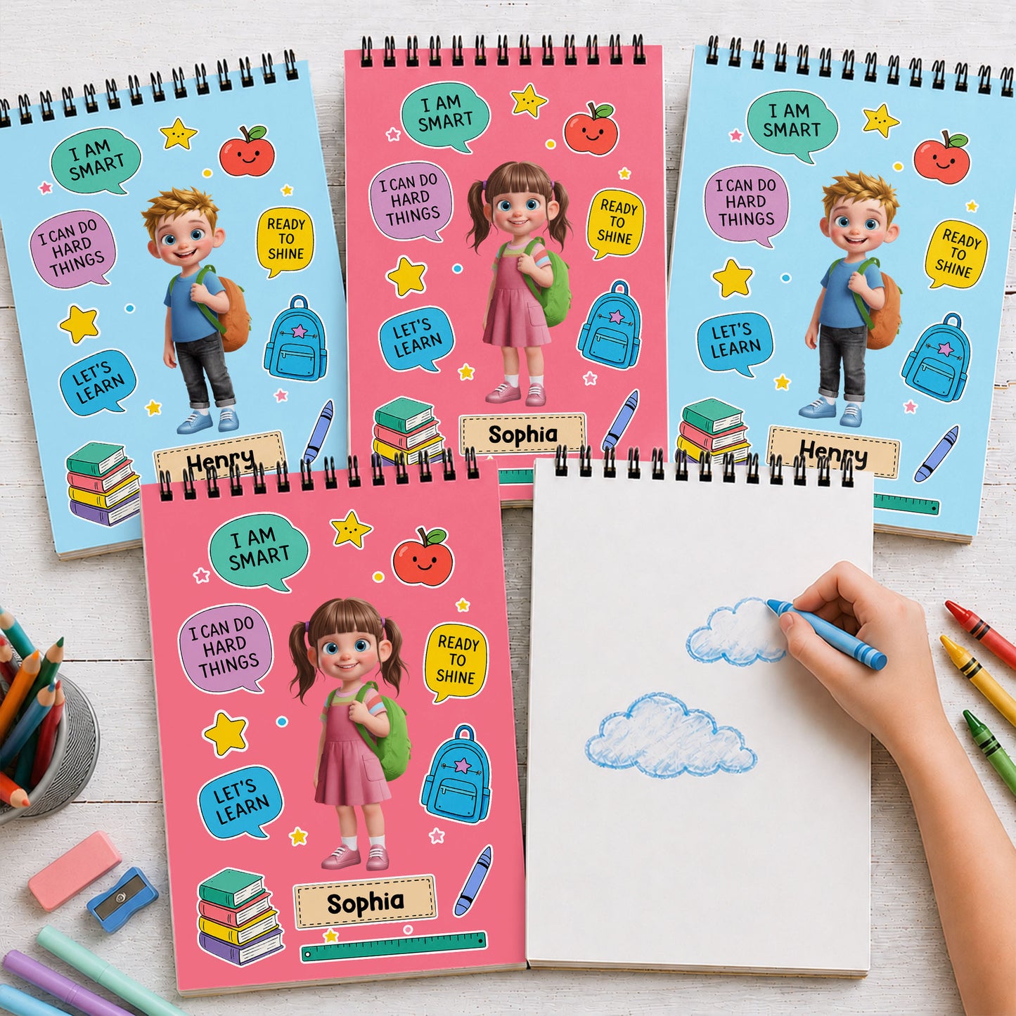 I Am Smart I Can Do Hard Things Boy With Backpack And Books - Personalized Sketch Book - KID868_SKEB