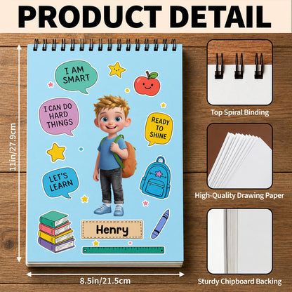 I Am Smart I Can Do Hard Things Boy With Backpack And Books - Personalized Sketch Book - KID868_SKEB