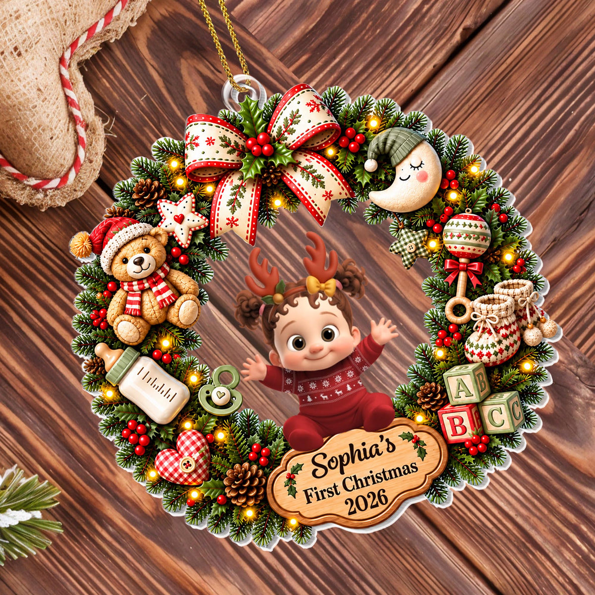 First Christmas Baby Girl In Wreath With Teddy Bear And Blocks - Personalized Custom Acrylic Ornament, Christmas Gift - KID929_ACO