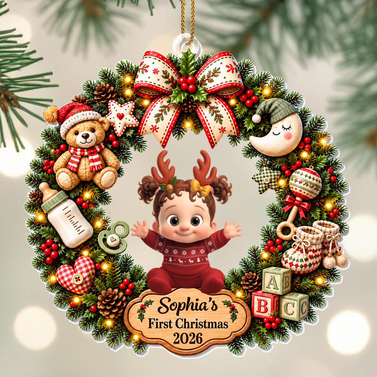 First Christmas Baby Girl In Wreath With Teddy Bear And Blocks - Personalized Custom Acrylic Ornament, Christmas Gift - KID929_ACO