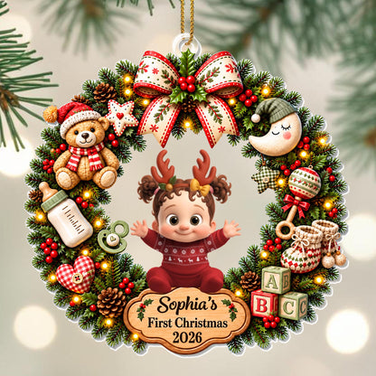 First Christmas Baby Girl In Wreath With Teddy Bear And Blocks - Personalized Custom Acrylic Ornament, Christmas Gift - KID929_ACO