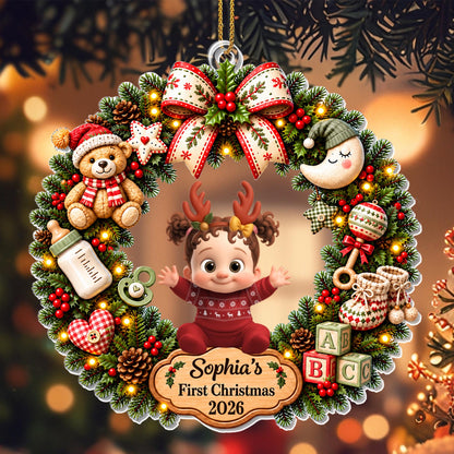 First Christmas Baby Girl In Wreath With Teddy Bear And Blocks - Personalized Custom Acrylic Ornament, Christmas Gift - KID929_ACO