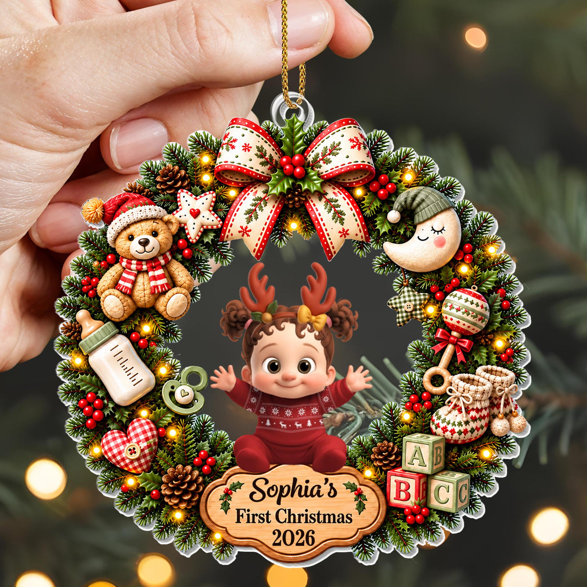 First Christmas Baby Girl In Wreath With Teddy Bear And Blocks - Personalized Custom Acrylic Ornament, Christmas Gift - KID929_ACO