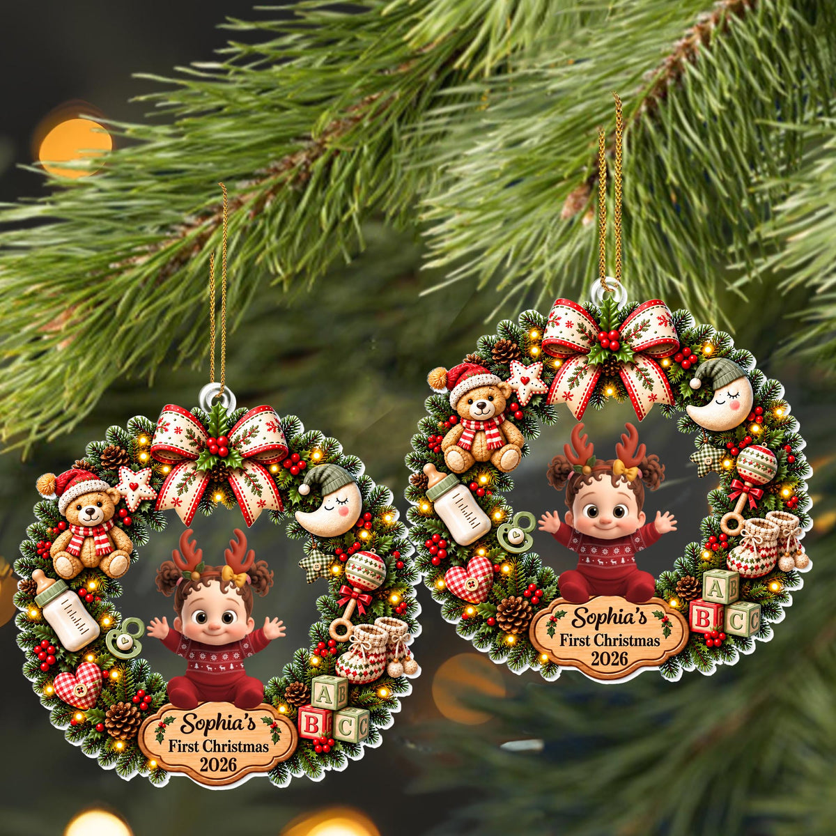 First Christmas Baby Girl In Wreath With Teddy Bear And Blocks - Personalized Custom Acrylic Ornament, Christmas Gift - KID929_ACO
