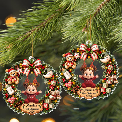 First Christmas Baby Girl In Wreath With Teddy Bear And Blocks - Personalized Custom Acrylic Ornament, Christmas Gift - KID929_ACO
