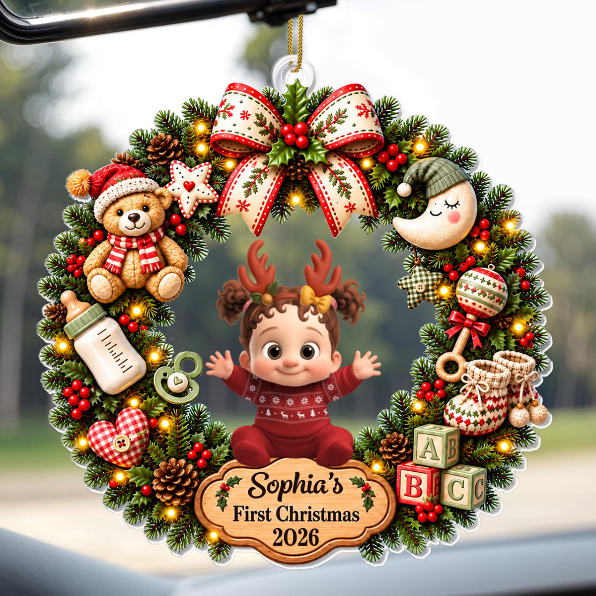 First Christmas Baby Girl In Wreath With Teddy Bear And Blocks - Personalized Custom Acrylic Ornament, Christmas Gift - KID929_ACO